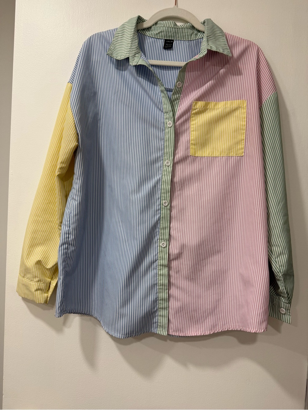 SHEIN Multi-Panel Striped Button-Down Shirt in Blue, Pink, Yellow, Green